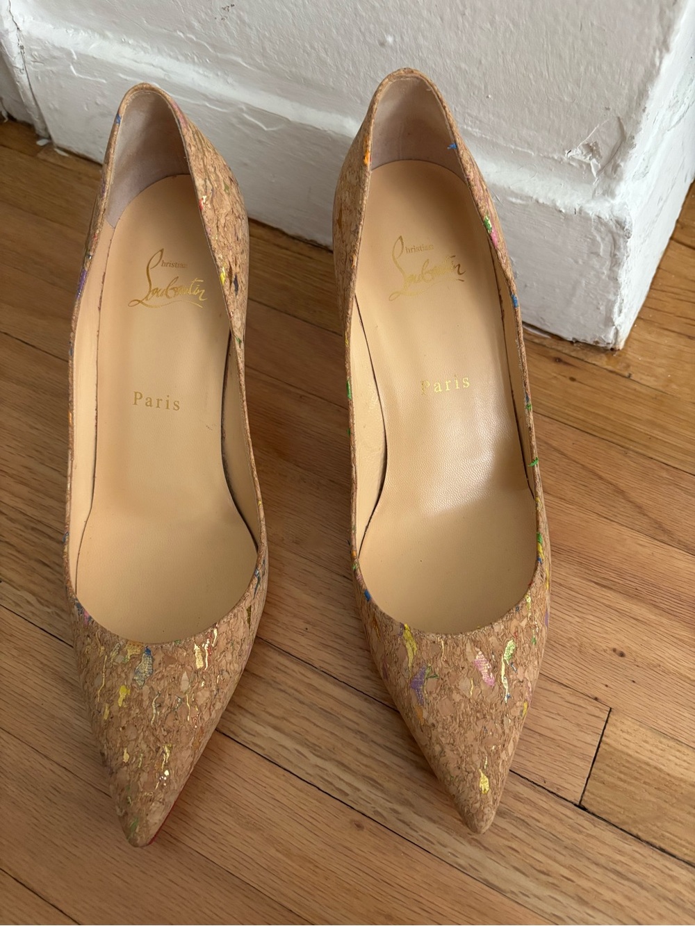 Christian Louboutin Cork Pointed-Toe Pumps with Multicolor Flecks USED SIZE 38